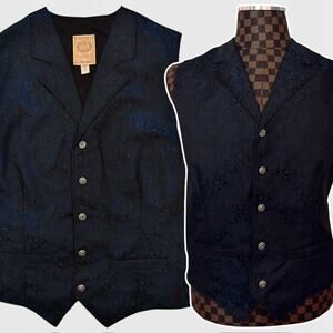 Wah Maker Frontier Mens Blue Black Vest Size Large Floral Paisley Western Cowboy